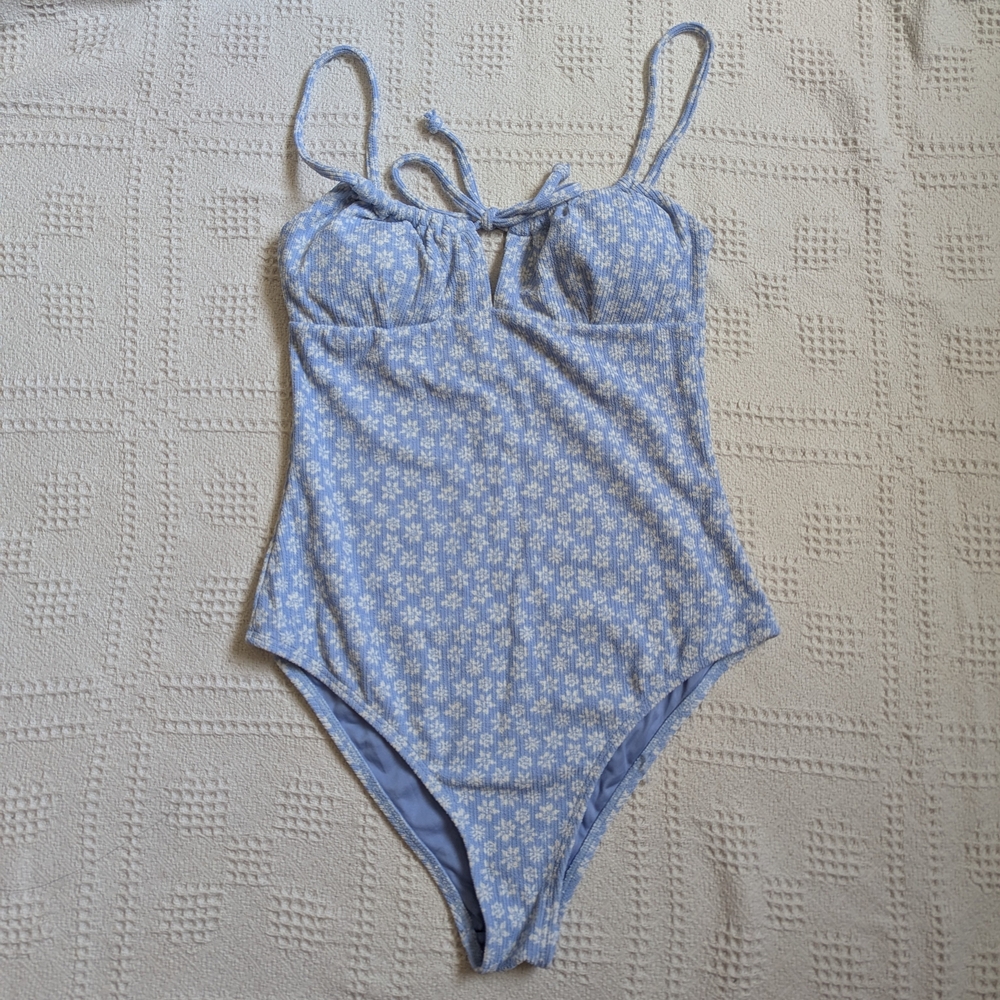 billabong "away we go" floral light blue one piece swimsuit